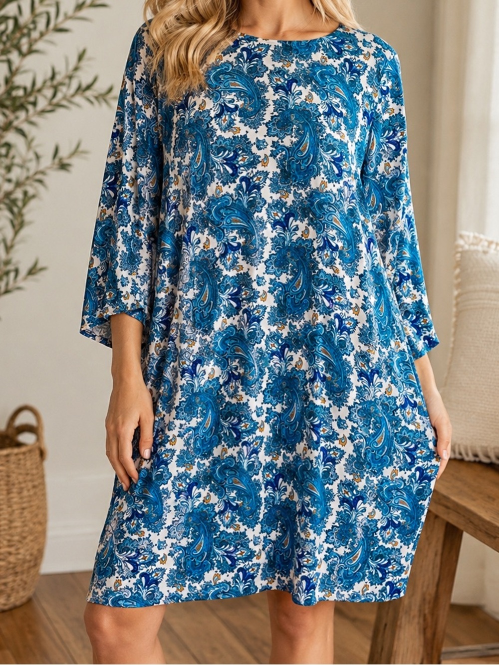 H&M Dress Blue White Paisley Shift lightweight scoopneck business casual boho 12